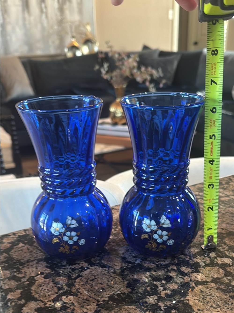 Cobalt Blue Glass Vases Gold Gilt Dogwood Flower Fluted Trumpet Vintage (set)